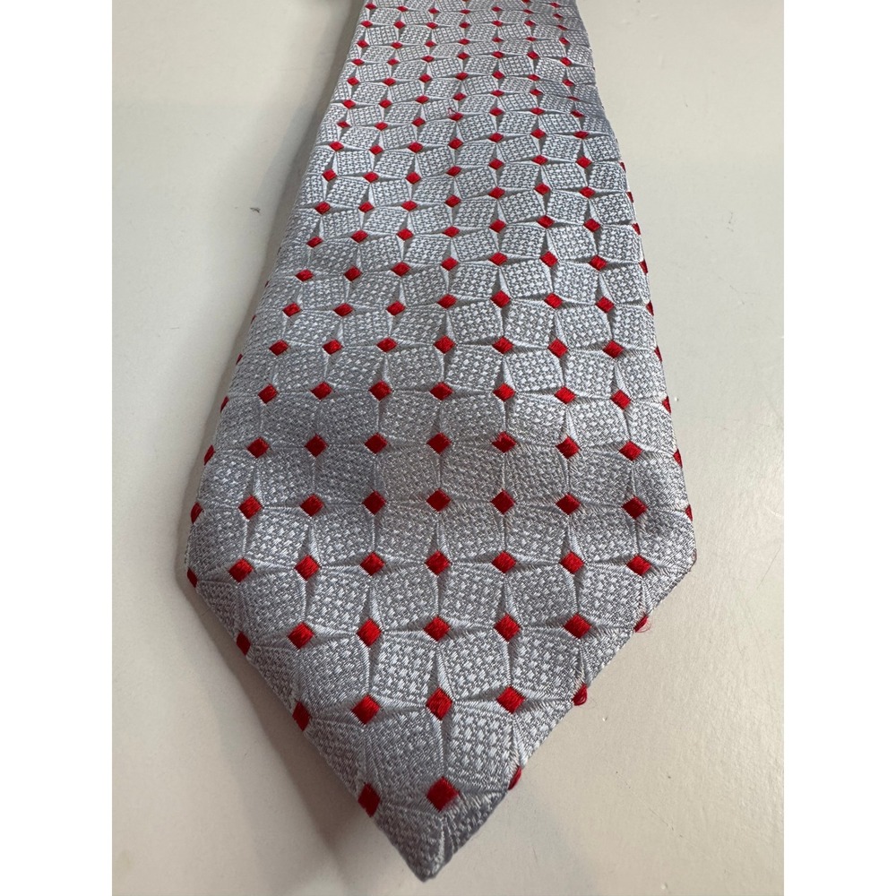 Canali Silk Tie Silver Red Geometric Texture Designer Necktie Made In‎ Italy